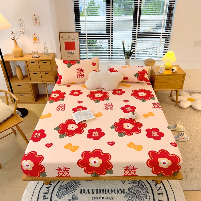 91家纺网 家纺一手货源 找家纺 芃成 2022新款全棉磨毛单床笠 红双喜