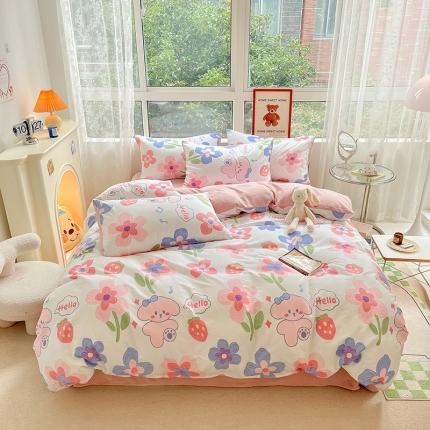 91家纺网 家纺一手货源 找家纺 麦伦 2022秋冬新品AB双面多功能床品全棉牛奶绒四件套 花儿草莓