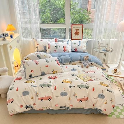 91家纺网 家纺一手货源 找家纺 麦伦 2022秋冬新品AB双面多功能床品全棉牛奶绒四件套 汽车乐园