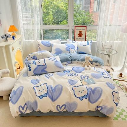 91家纺网 家纺一手货源 找家纺 麦伦 2022秋冬新品AB双面多功能床品全棉牛奶绒四件套 星愿熊