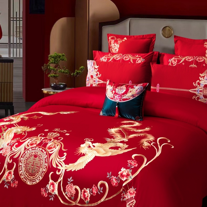 91家纺网 家纺一手货源 找家纺 用心 2022新款精梳棉高端刺绣婚庆四件套 龙凤富贵