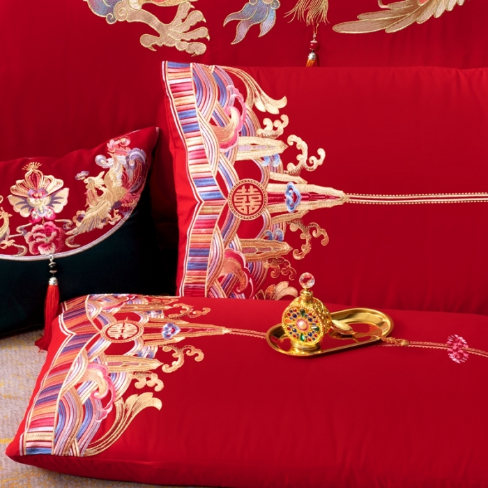 91家纺网 家纺一手货源 找家纺 用心 2022新款精梳棉高端刺绣婚庆四件套 幸福驾到