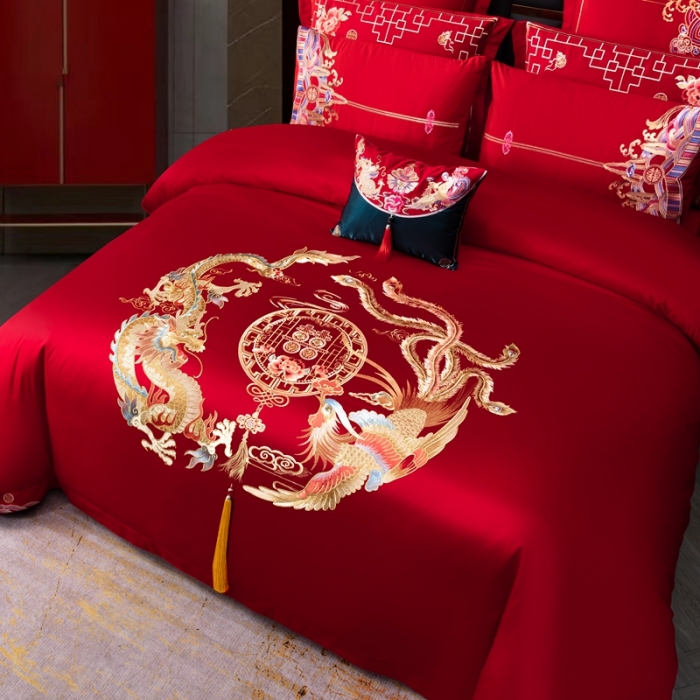 91家纺网 家纺一手货源 找家纺 用心 2022新款精梳棉高端刺绣婚庆四件套 幸福驾到