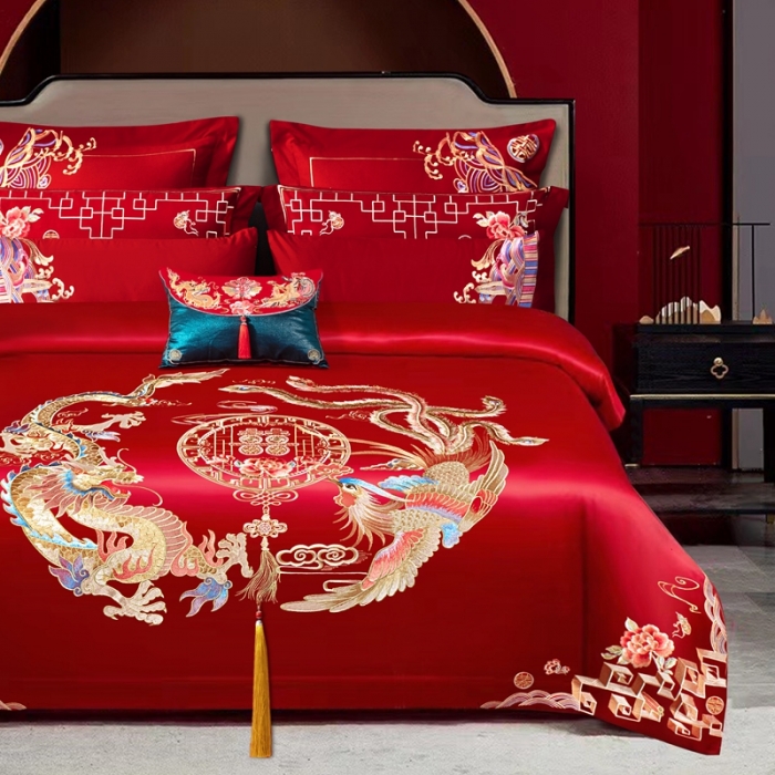 91家纺网 家纺一手货源 找家纺 用心 2022新款精梳棉高端刺绣婚庆四件套 幸福驾到