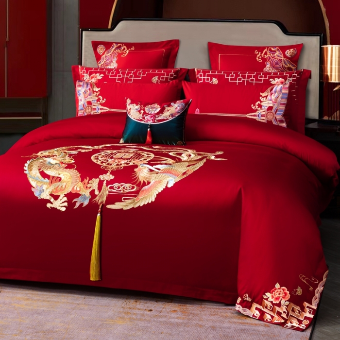 91家纺网 家纺一手货源 找家纺 用心 2022新款精梳棉高端刺绣婚庆四件套 幸福驾到