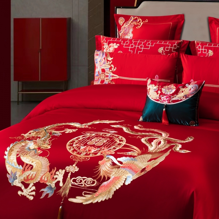 91家纺网 家纺一手货源 找家纺 用心 2022新款精梳棉高端刺绣婚庆四件套 幸福驾到