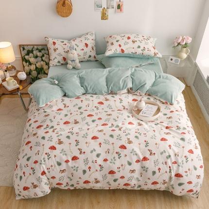 91家纺网 家纺一手货源 找家纺 麦伦 2022新款棉加牛奶绒保暖四件套 小清新系列 蘑菇林