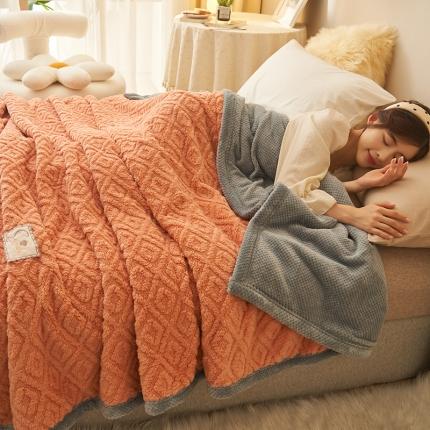 21度C 2023新款塔复绒+贝贝绒双层复合毯 菱形格-焦糖橙