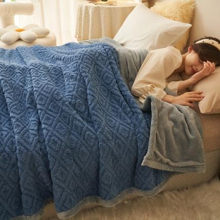 21度C 2023新款塔复绒+贝贝绒双层复合毯 菱形格-深灰蓝