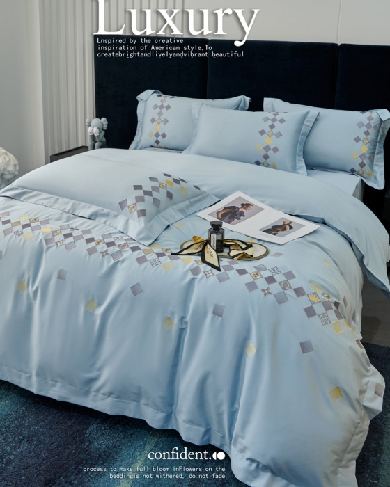 91家纺网 家纺一手货源 找家纺 宅家居 180支阿克苏长绒棉刺绣全棉四件套-芙尼系列 纯净蓝