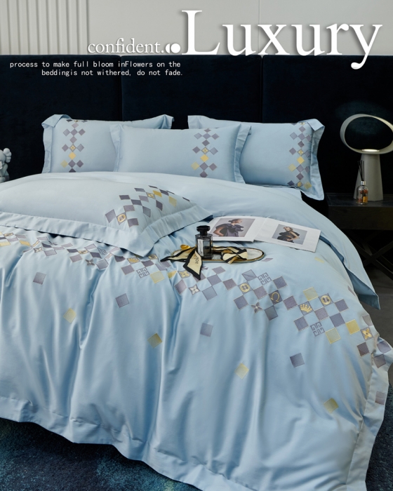 91家纺网 家纺一手货源 找家纺 宅家居 180支阿克苏长绒棉刺绣全棉四件套-芙尼系列 纯净蓝