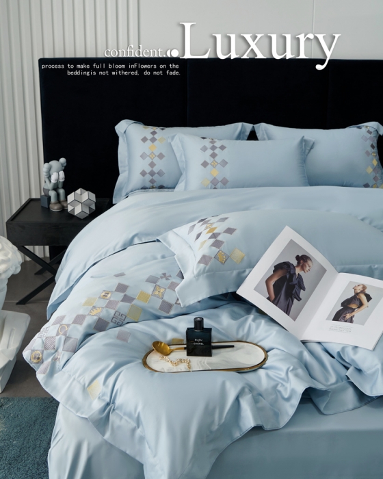 91家纺网 家纺一手货源 找家纺 宅家居 180支阿克苏长绒棉刺绣全棉四件套-芙尼系列 纯净蓝