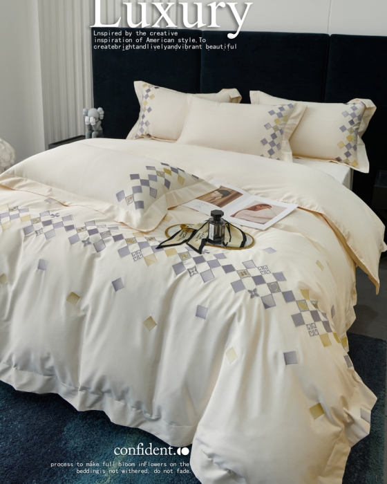 91家纺网 家纺一手货源 找家纺 宅家居 180支阿克苏长绒棉刺绣全棉四件套-芙尼系列 奶昔白