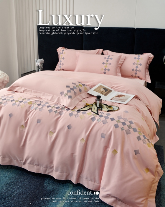 91家纺网 家纺一手货源 找家纺 宅家居 180支阿克苏长绒棉刺绣全棉四件套-芙尼系列 樱花粉