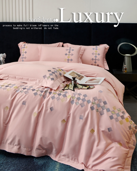 91家纺网 家纺一手货源 找家纺 宅家居 180支阿克苏长绒棉刺绣全棉四件套-芙尼系列 樱花粉