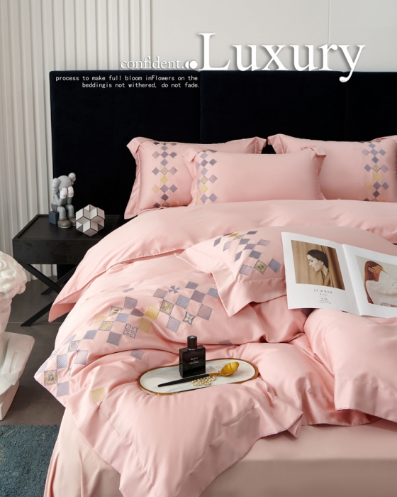 91家纺网 家纺一手货源 找家纺 宅家居 180支阿克苏长绒棉刺绣全棉四件套-芙尼系列 樱花粉