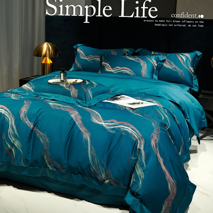 91家纺网 家纺一手货源 找家纺 宅家居140支色织提花高定长绒棉四件套-奢华系列奥维斯-宝蓝