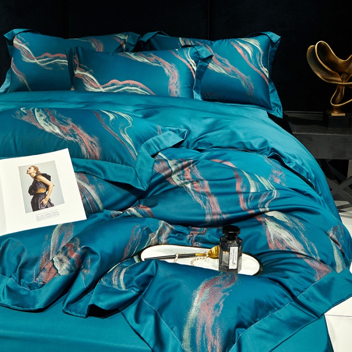 91家纺网 家纺一手货源 找家纺 宅家居140支色织提花高定长绒棉四件套-奢华系列奥维斯-宝蓝