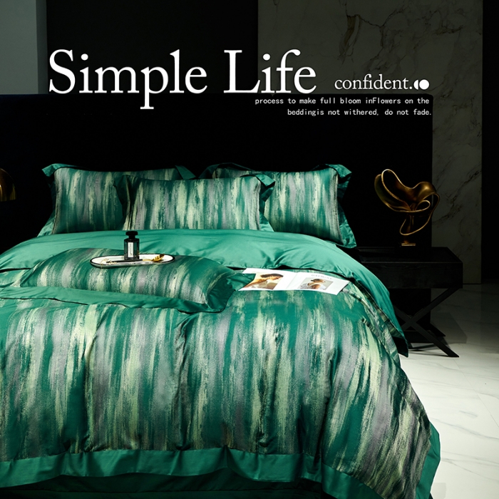 91家纺网 家纺一手货源 找家纺 宅家居140支色织提花高定长绒棉四件套-奢华系列 极光-墨绿