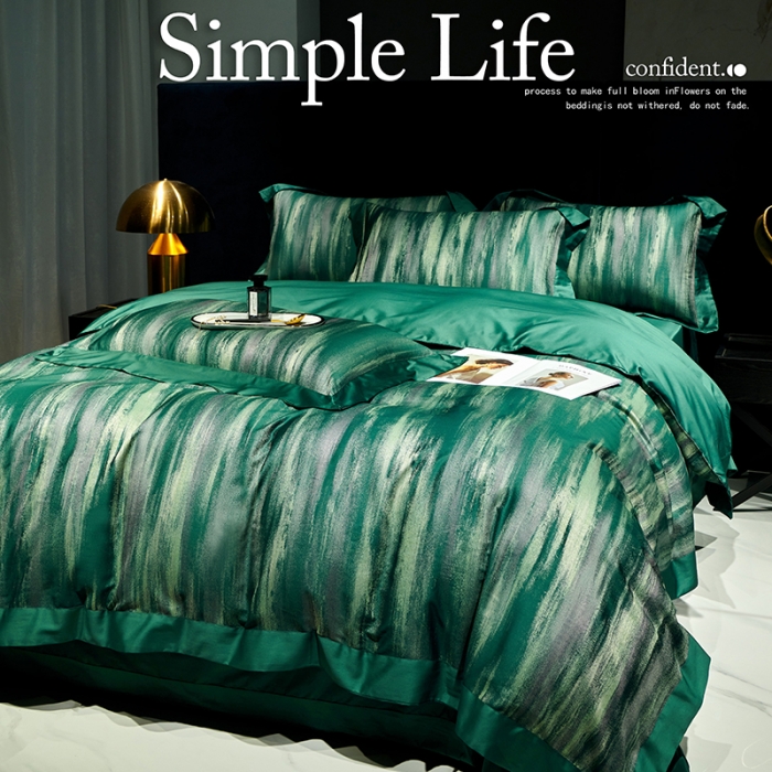 91家纺网 家纺一手货源 找家纺 宅家居140支色织提花高定长绒棉四件套-奢华系列 极光-墨绿