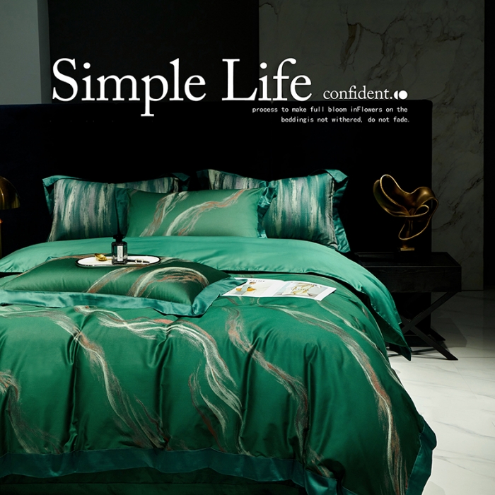 91家纺网 家纺一手货源 找家纺 奢华140支臻丝色织提花高定阿克苏长绒棉四件套奥维斯-墨绿