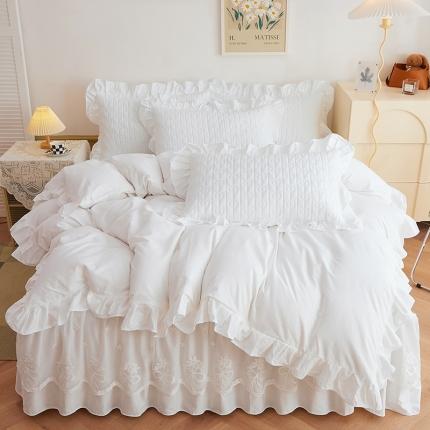 91家纺网 家纺一手货源 找家纺 宜凡 2023新款四季款全棉夹棉床裙四件套 春禾集 瓷白