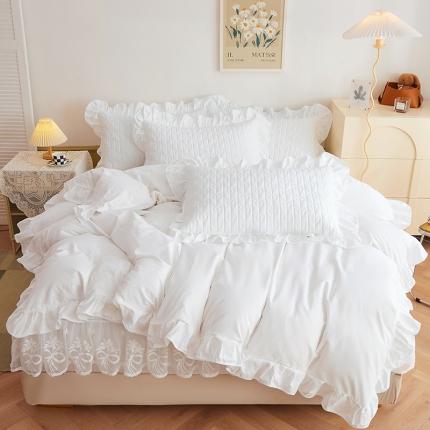 91家纺网 家纺一手货源 找家纺 宜凡 2023新款四季款夹棉小清新床笠四件套 春禾集 瓷白