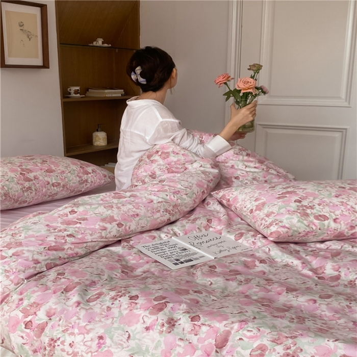 91家纺网 家纺一手货源 找家纺 棉眠 2022新款40支纯棉四件套复古花园 和风-粉