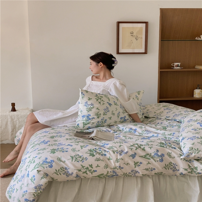 91家纺网 家纺一手货源 找家纺 棉眠 2022新款40支纯棉四件套复古花园 碎冰蓝