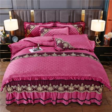 91家纺网 家纺一手货源 找家纺 青竹苑2022款水晶绒全绗缝床裙被套四件套加厚保暖被罩床罩 豆沙色