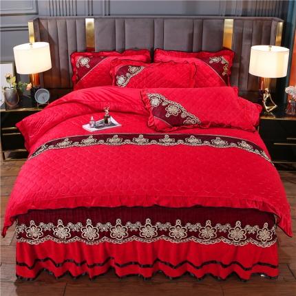 91家纺网 家纺一手货源 找家纺 青竹苑2022款水晶绒全绗缝床裙被套四件套加厚保暖被罩床罩 中国红