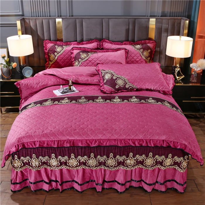 91家纺网 家纺一手货源 找家纺 青竹苑2022款水晶绒全绗缝床裙被套四件套加厚保暖被罩床罩 豆沙色