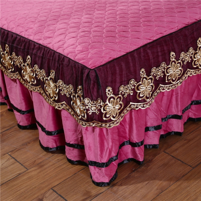 91家纺网 家纺一手货源 找家纺 青竹苑2022款水晶绒全绗缝床裙被套四件套加厚保暖被罩床罩 豆沙色