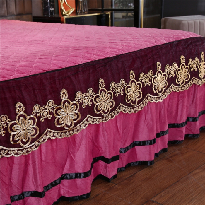 91家纺网 家纺一手货源 找家纺 青竹苑2022款水晶绒全绗缝床裙被套四件套加厚保暖被罩床罩 豆沙色