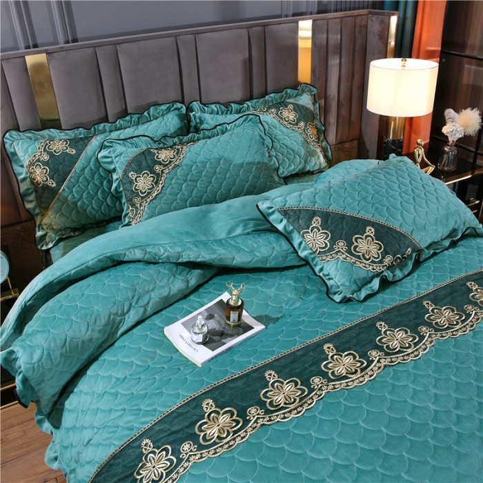 91家纺网 家纺一手货源 找家纺 青竹苑2022款水晶绒全绗缝床裙被套四件套加厚保暖被罩床罩 珊瑚绿