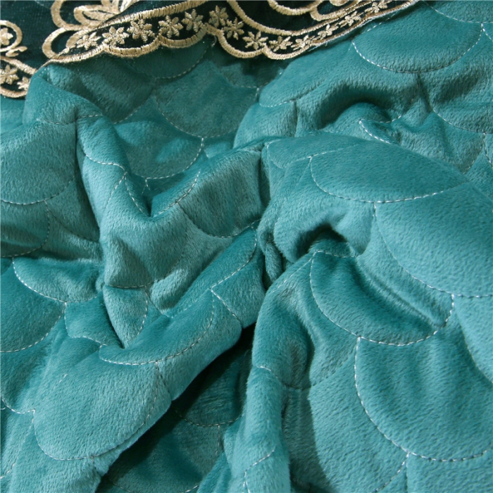 91家纺网 家纺一手货源 找家纺 青竹苑2022款水晶绒全绗缝床裙被套四件套加厚保暖被罩床罩 珊瑚绿