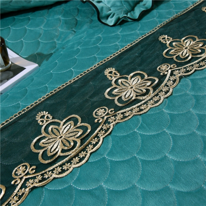 91家纺网 家纺一手货源 找家纺 青竹苑2022款水晶绒全绗缝床裙被套四件套加厚保暖被罩床罩 珊瑚绿