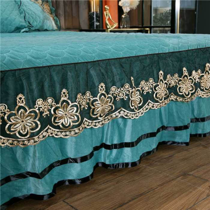 91家纺网 家纺一手货源 找家纺 青竹苑2022款水晶绒全绗缝床裙被套四件套加厚保暖被罩床罩 珊瑚绿