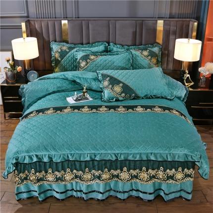 青竹苑2022款水晶绒全绗缝床裙被套四件套加厚保暖被罩床罩 珊瑚绿