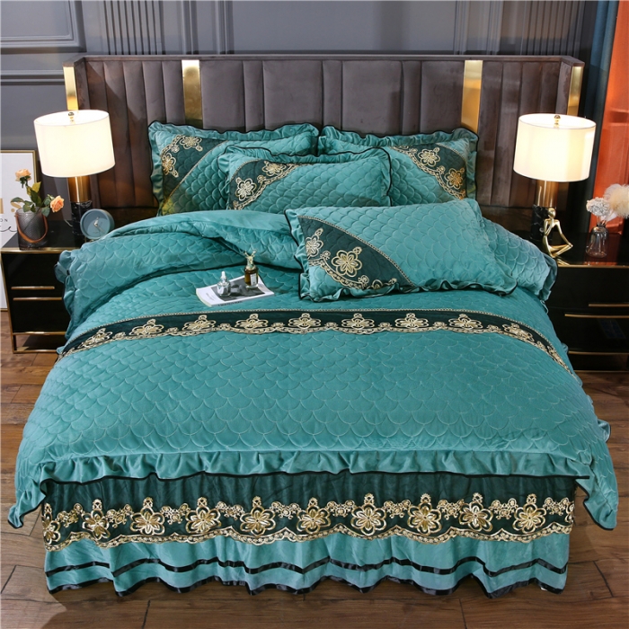 91家纺网 家纺一手货源 找家纺 青竹苑2022款水晶绒全绗缝床裙被套四件套加厚保暖被罩床罩 珊瑚绿