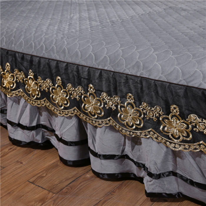 91家纺网 家纺一手货源 找家纺 青竹苑水晶绒全绗缝床裙被套四件套加厚保暖被罩床罩 绅士灰