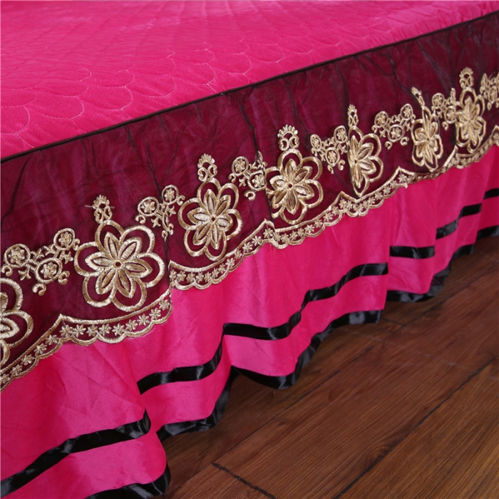 91家纺网 家纺一手货源 找家纺 青竹苑2022款水晶绒全绗缝床裙被套四件套加厚保暖被罩床罩 西瓜红