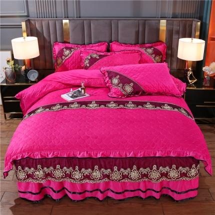 青竹苑2022款水晶绒全绗缝床裙被套四件套加厚保暖被罩床罩 西瓜红