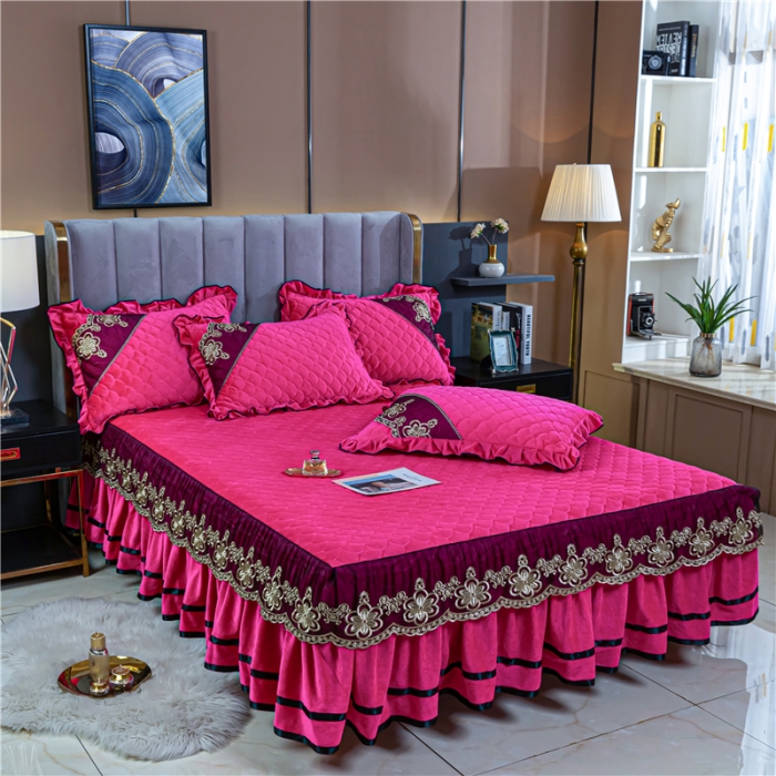 91家纺网 家纺一手货源 找家纺 青竹苑2022款水晶绒全绗缝床裙被套四件套加厚保暖被罩床罩 西瓜红