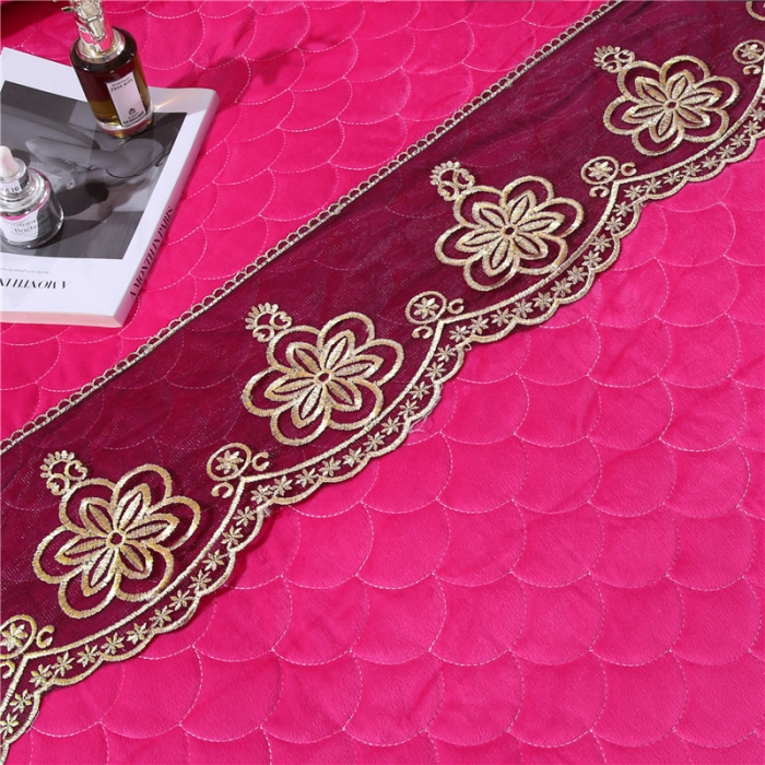 91家纺网 家纺一手货源 找家纺 青竹苑2022款水晶绒全绗缝床裙被套四件套加厚保暖被罩床罩 西瓜红