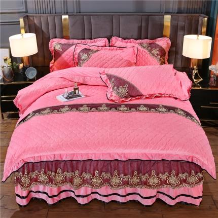 青竹苑2022款水晶绒全绗缝床裙被套四件套加厚保暖被罩床罩 樱花粉