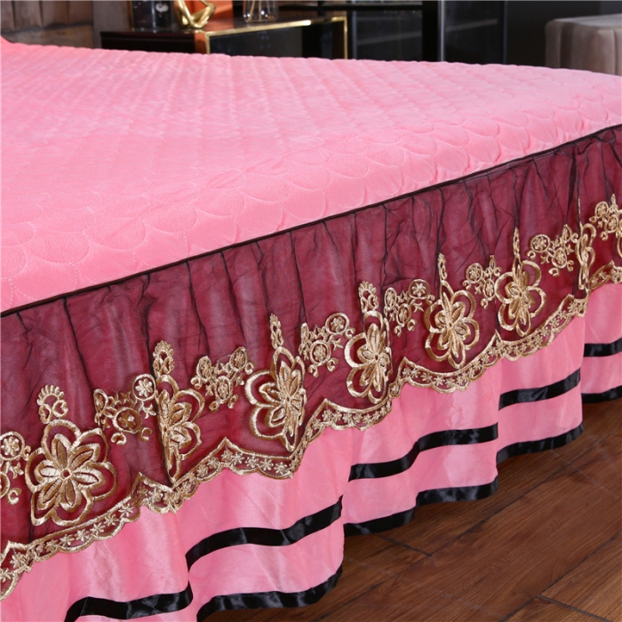 91家纺网 家纺一手货源 找家纺 青竹苑2022款水晶绒全绗缝床裙被套四件套加厚保暖被罩床罩 樱花粉