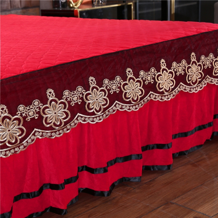 91家纺网 家纺一手货源 找家纺 青竹苑2022款水晶绒全绗缝床裙被套四件套加厚保暖被罩床罩 中国红