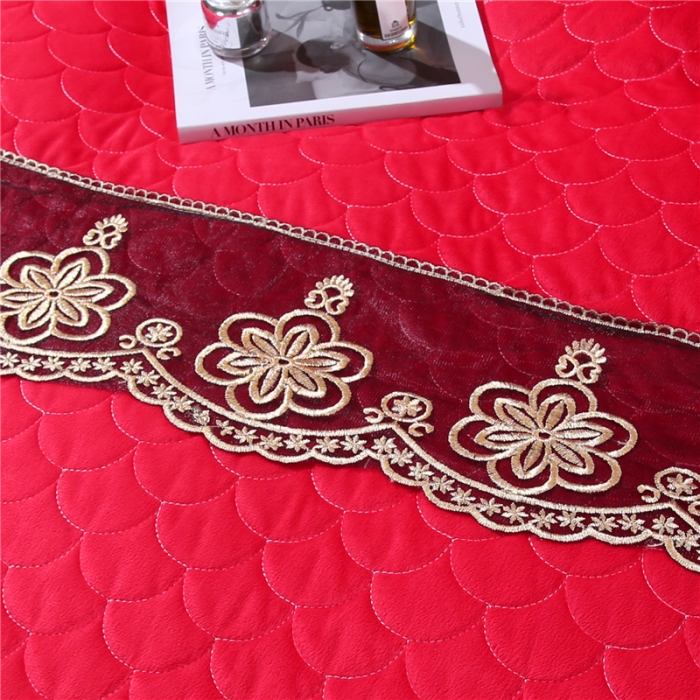 91家纺网 家纺一手货源 找家纺 青竹苑2022款水晶绒全绗缝床裙被套四件套加厚保暖被罩床罩 中国红