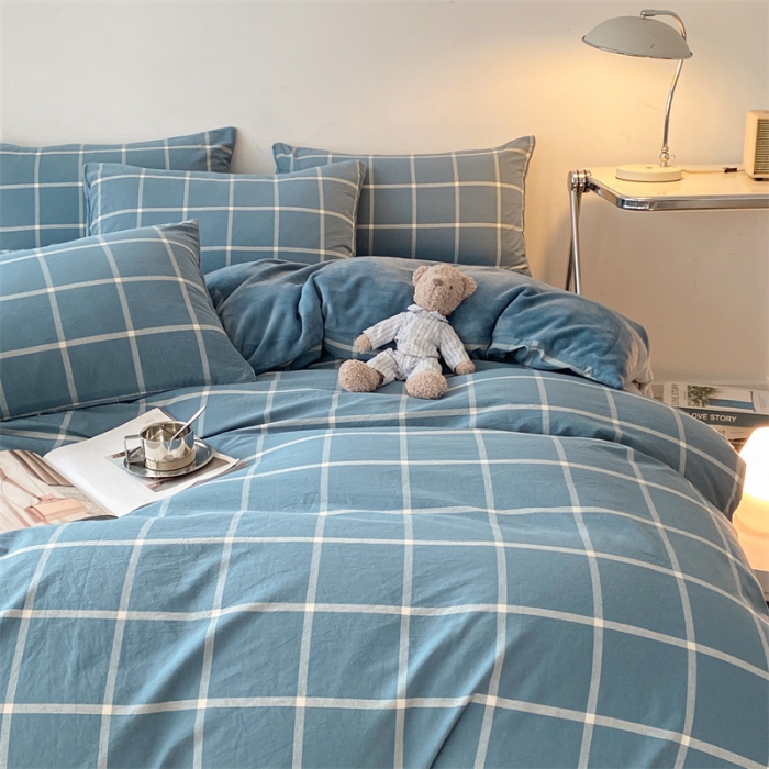 91家纺网 家纺一手货源 找家纺 蓝巢家纺 2022新款A面全棉B面牛奶绒四件套 牛奶绒-蓝灰大格